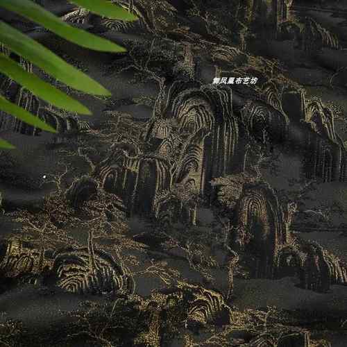 黑金色 山水风景织锦缎提花面料 闪亮鎏金双色复古新中式汉服马甲