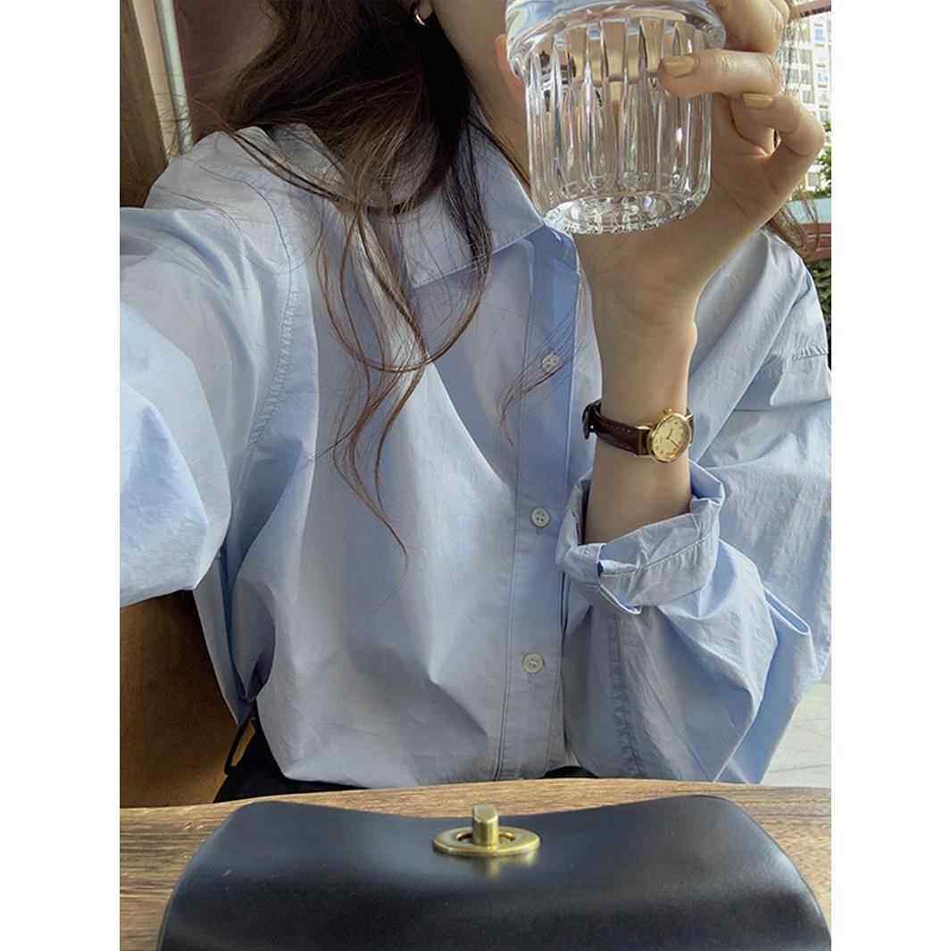 韩国休闲宽松长袖蓝色衬衫简约女时尚内搭上衣春秋设计感叠穿衬衣