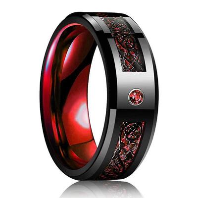 8mm Red Groove Beveled Edge Stainless Steel Celtic Dragon Ri