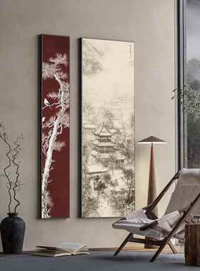 新中式玄关红色抽象古松建筑客厅装饰画双联竖版书房茶室壁画挂画