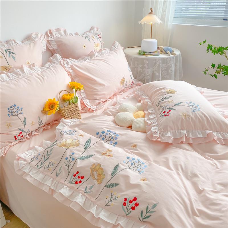 正品清小新100花0s纯棉四套水洗纯棉田件园公主风格绣被套纯棉适