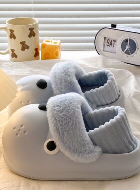 高帮棉拖鞋女款冬季家居外穿爱小狗毛绒保暖厚底防滑包跟棉鞋