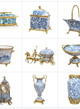 新古典包瓷花瓶果盘摆件套装中式手绘青花瓷器软装饰品