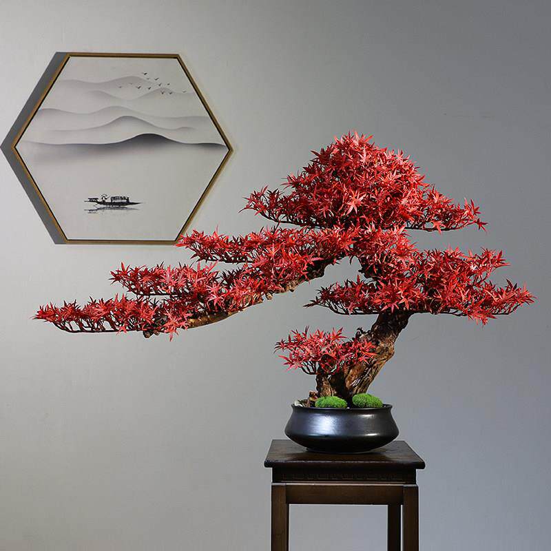 新中式实木彷真红枫盆景酒店茶室绿植迎客松摆件玄关博古架装饰品