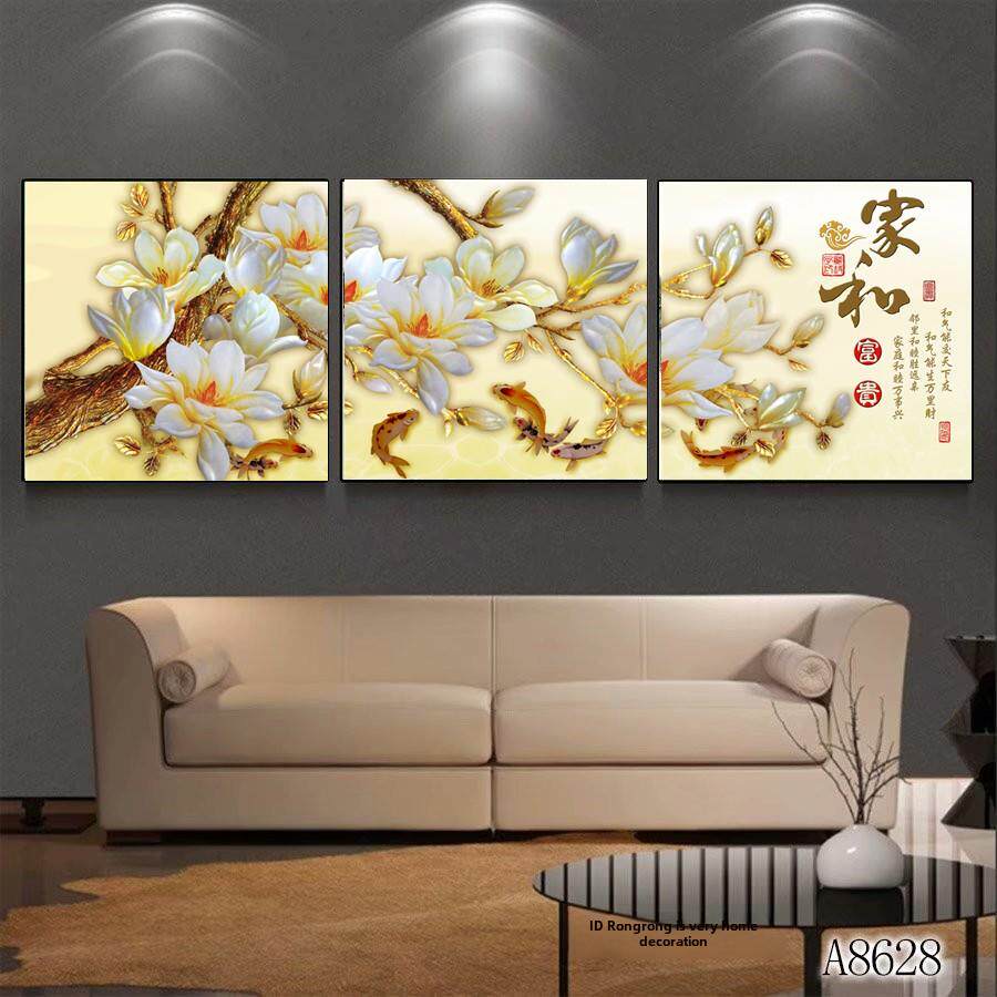 轻奢中式客厅画家和万事兴三联装饰画玉兰牡丹花开富贵九鱼图挂画