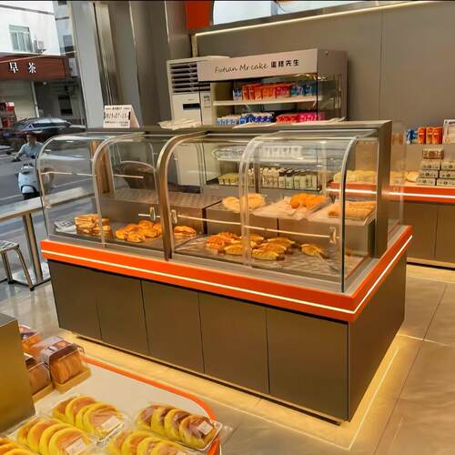 面包展示柜中岛柜弧形不锈钢镀钛新款弧形玻璃模型烘焙蛋糕店展示