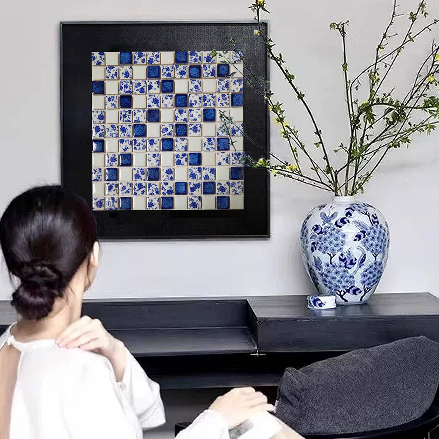 《等烟雨》青花瓷马赛克创意艺术画纯手工客厅餐厅墙面装饰画小众