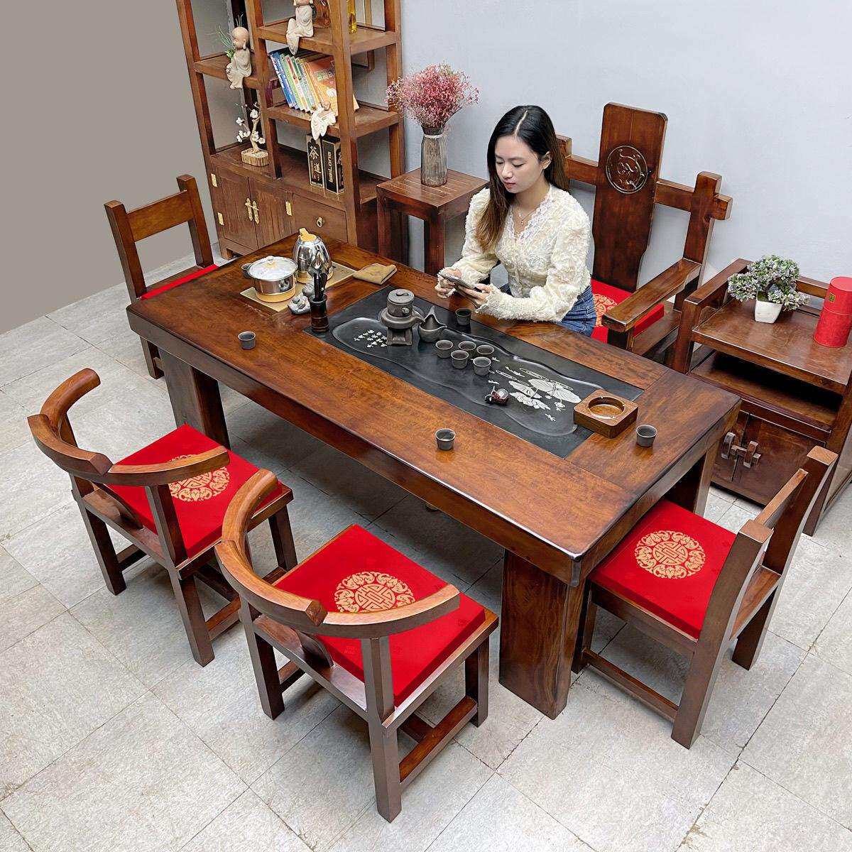 茶台实木老船木茶桌椅组合一桌五椅茶几泡茶桌子烧水壶一体办公室