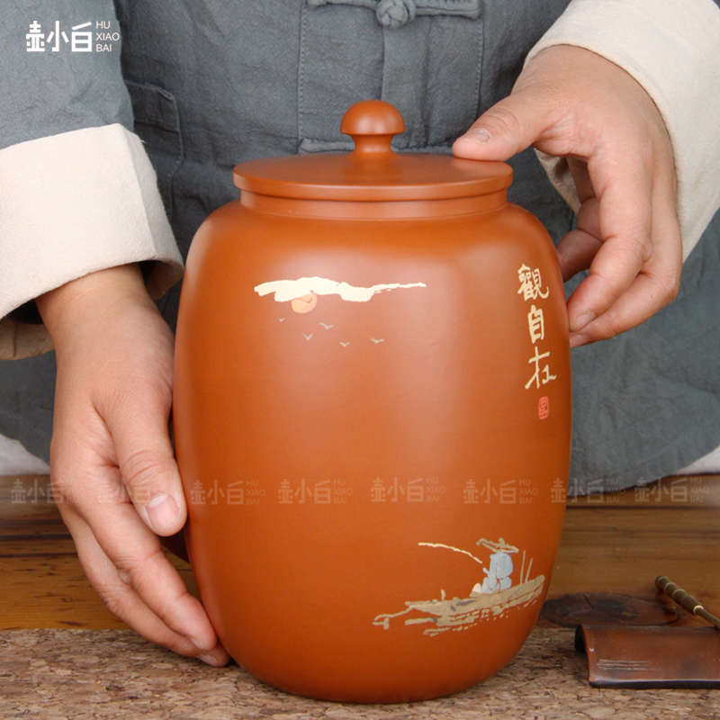 壶小白 云南建水紫陶茶叶罐 散茶罐 普洱茶白茶醒茶罐手工 彩填