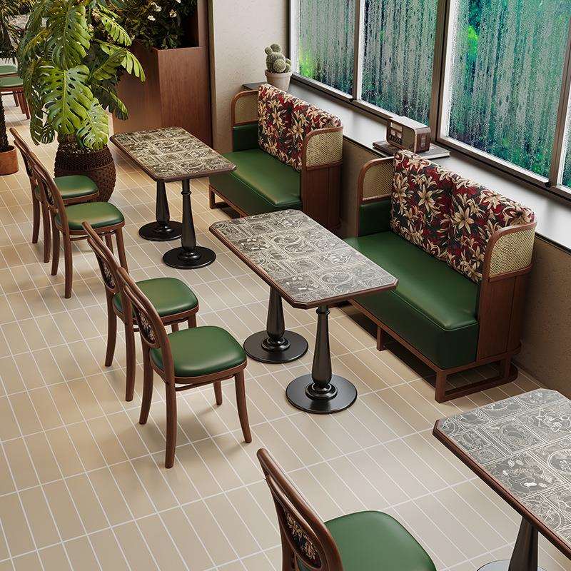 商用中古风茶餐厅餐桌椅组合复古西餐厅餐饮店靠墙实木卡座沙发