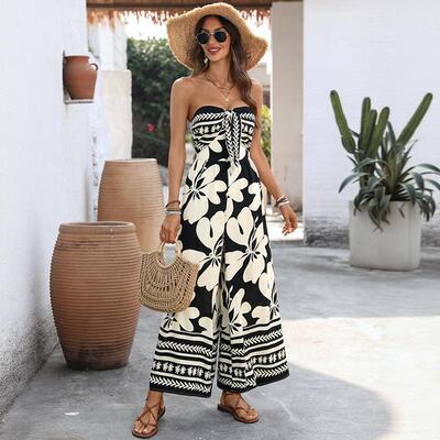 Women ' s Floral Print Tie Back Halter Top Romper , Backless