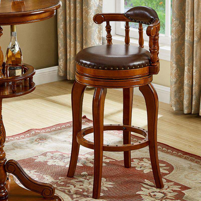 欧式吧台椅实木靠背真皮吧椅吧台凳高脚椅美式转椅吧台实木吧台椅