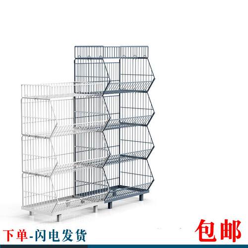 超市货架烤漆加粗载重可移动展示置物架便利店促销车中岛斜口叠笼