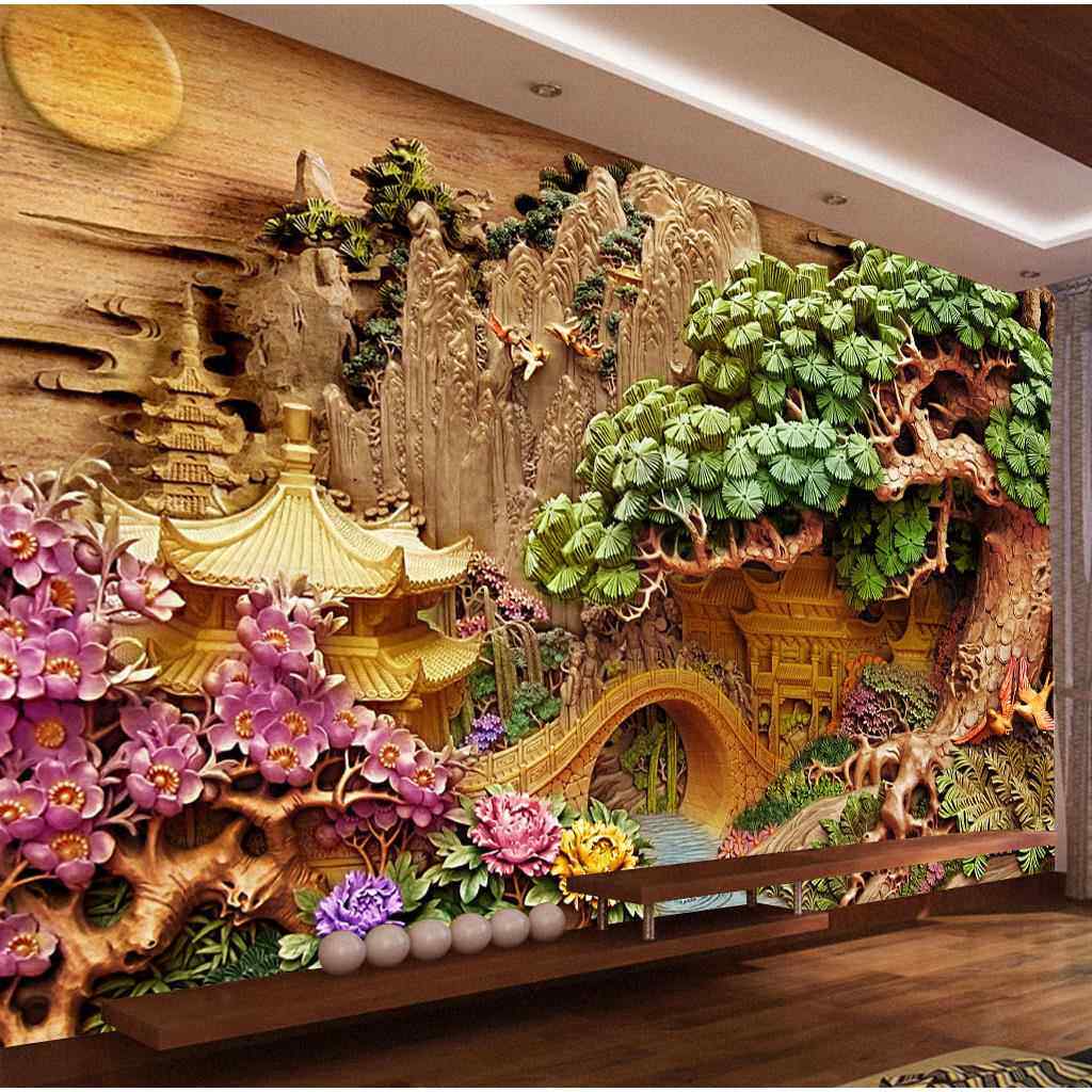 竹木纤维集成墙板电视背景墙客厅沙发护墙板立体浮雕山水碳晶板