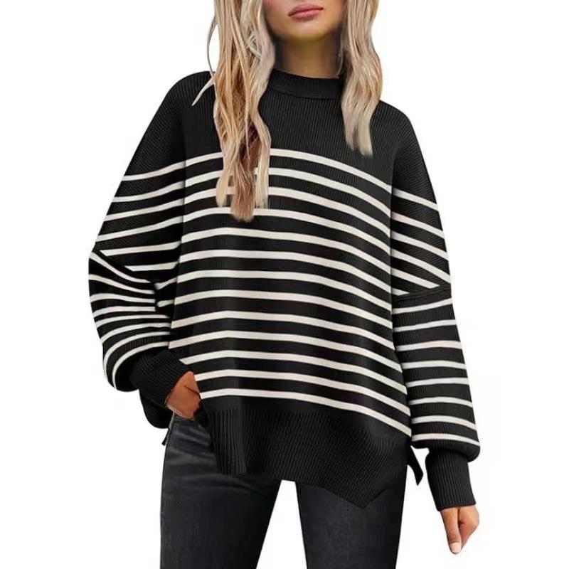 Side Crew Batwing Sleeve Knit Neck Pullover Womens Long