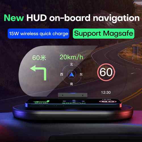 跨境外贸车载HUD 导航仪透视镜片可调角度通用手机 磁吸无线快充