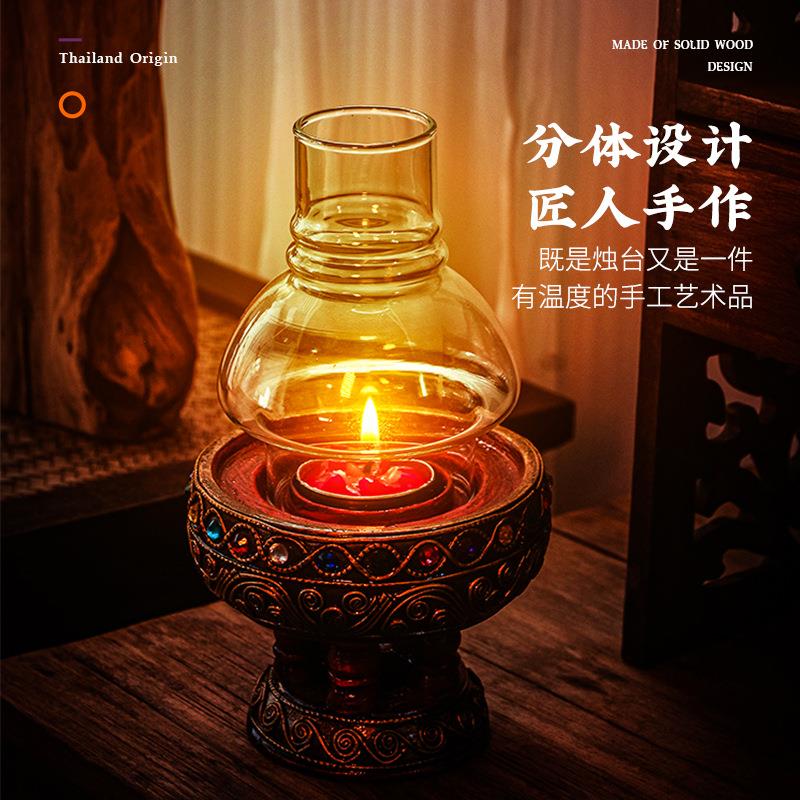 泰国实木蜡烛台风灯走马灯复古浪漫烛光晚餐户外防风烛台餐桌摆件