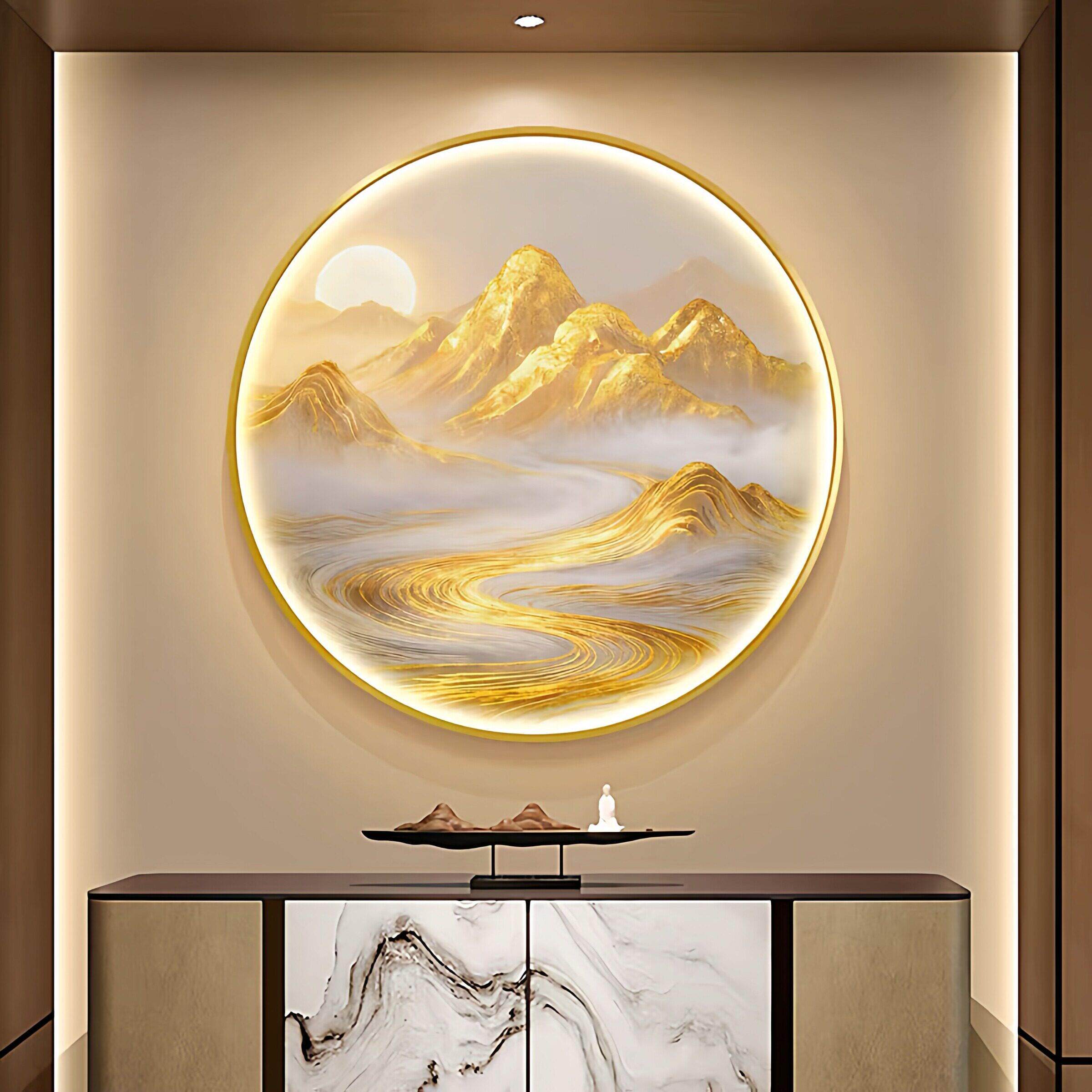 背靠金山入户玄关装饰画办公室背景墙圆形带灯光壁画走廊走道挂画