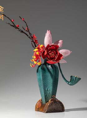铜金岁月四季平安牡丹花铜摆件仿真荷花梅花莲蓬客厅餐桌花卉摆件