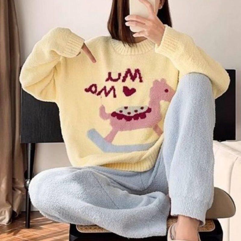 加厚珊瑚绒睡衣女款 韩版甜美家居服睡衣组 秋冬长袖木马图案