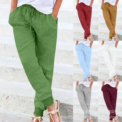 Women's cotton linen elastic waistband pocket pants