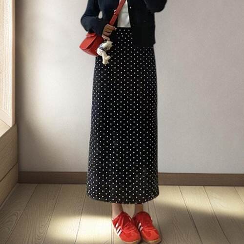 Women Polka Dot Midi Skirt High Waist A Line Long Skirt
