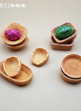 创意仿真竹编篮子树脂藤编筐果盘模型DIY装饰造景 微缩桌面小摆件