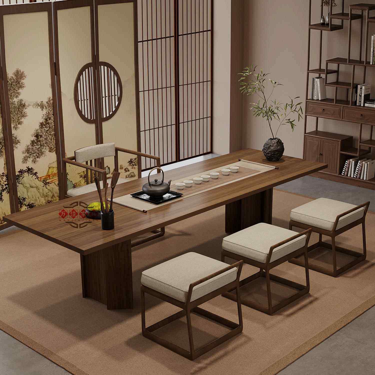 正品新中式实木桌茶椅组合楼客厅茶茶台功夫茶几胡桃色禅接待意泡