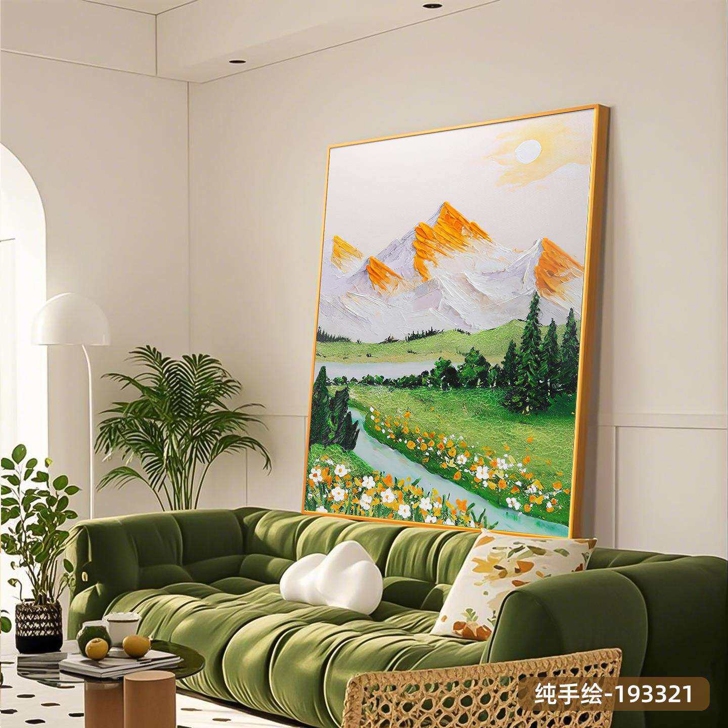 大F99TH877芬村手绘油画奶油风关风肌理感装饰画日玄金照山景客厅