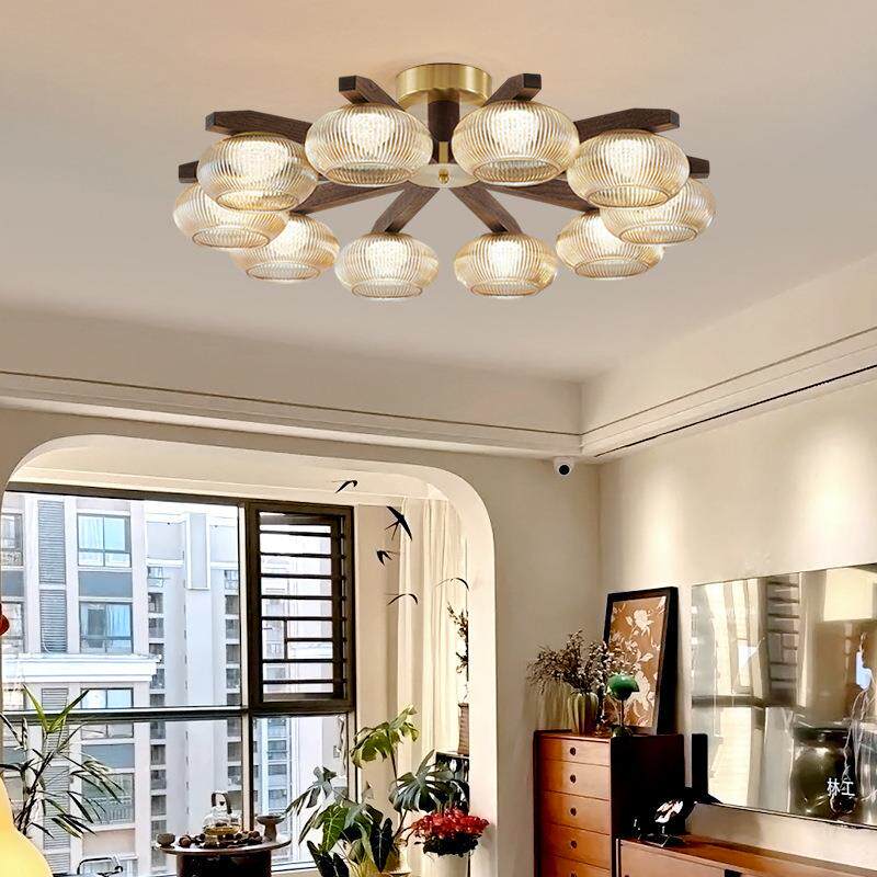 新中式客厅吊灯黑胡桃木现代中古风奶油风大厅吸顶主灯中国风全铜