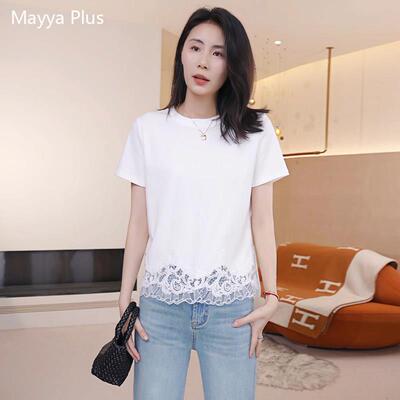 麦芽Mayya Plus 小众设计下摆蕾丝花边白色短袖T恤女夏季圆领上衣