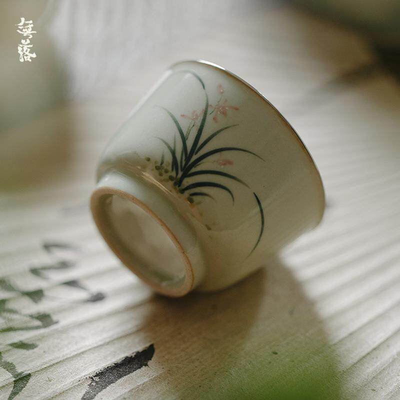 无落 果青釉下粉彩手绘幽兰知忆描银口小茶杯 功夫茶具品茗杯