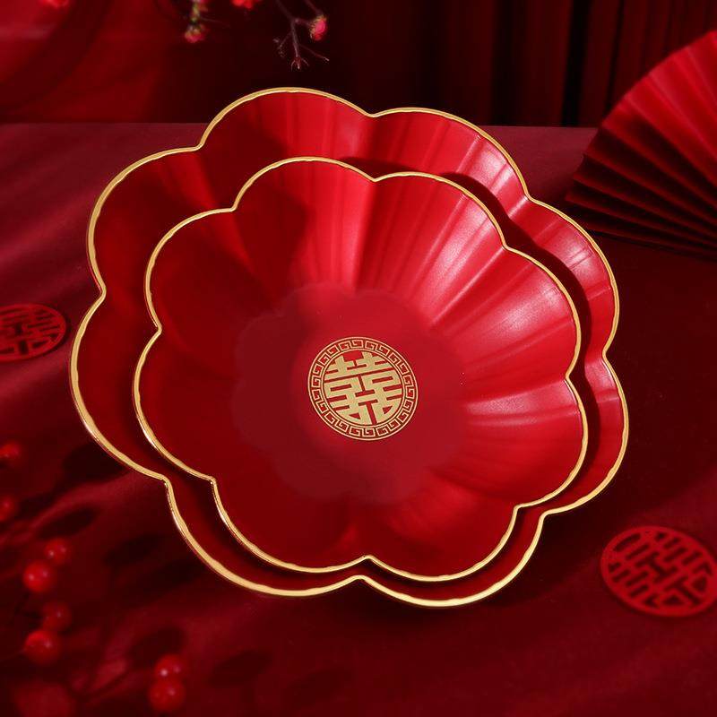 婚庆用品婚礼新款中式结婚果盘花瓣金边果盘红色干果喜盘,节庆用品/礼品,陪嫁用品套装,淘宝优惠券,粉丝福利购,淘宝优惠卷