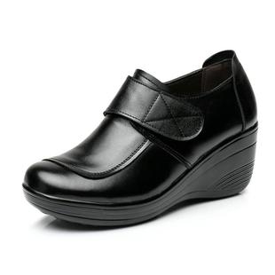 松糕低厚底防水台妈妈皮鞋 深真口魔术贴棉单鞋 加绒 皮坡跟女鞋 正品