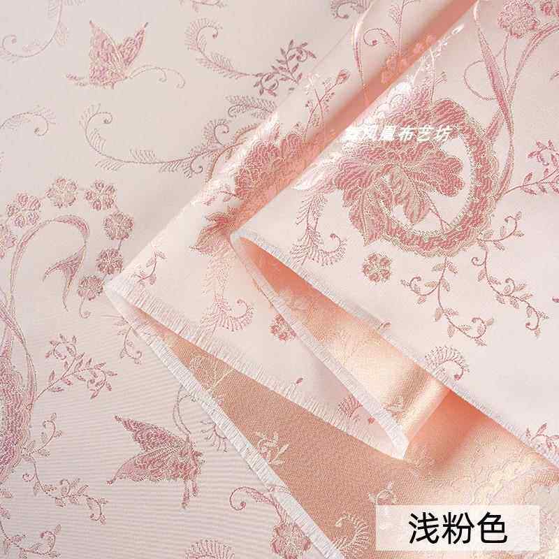 蝴蝶花朵浅粉柔色蝴蝶缎采蜜织锦提花面料新花中式软光泽丝绸复古