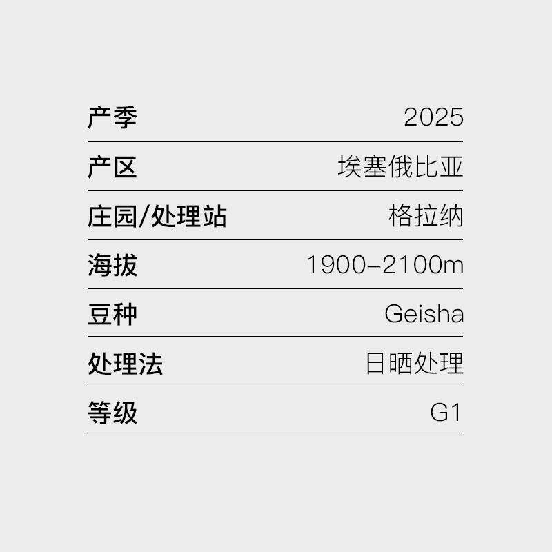 2025产季埃塞俄比亚格拉纳庄园瑰夏G1日晒处理法G1精品咖啡生豆
