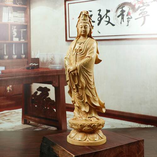 高档黄刻杨木雕摆佛件中珠式家居客厅木质雕手工艺品像拿观音菩萨