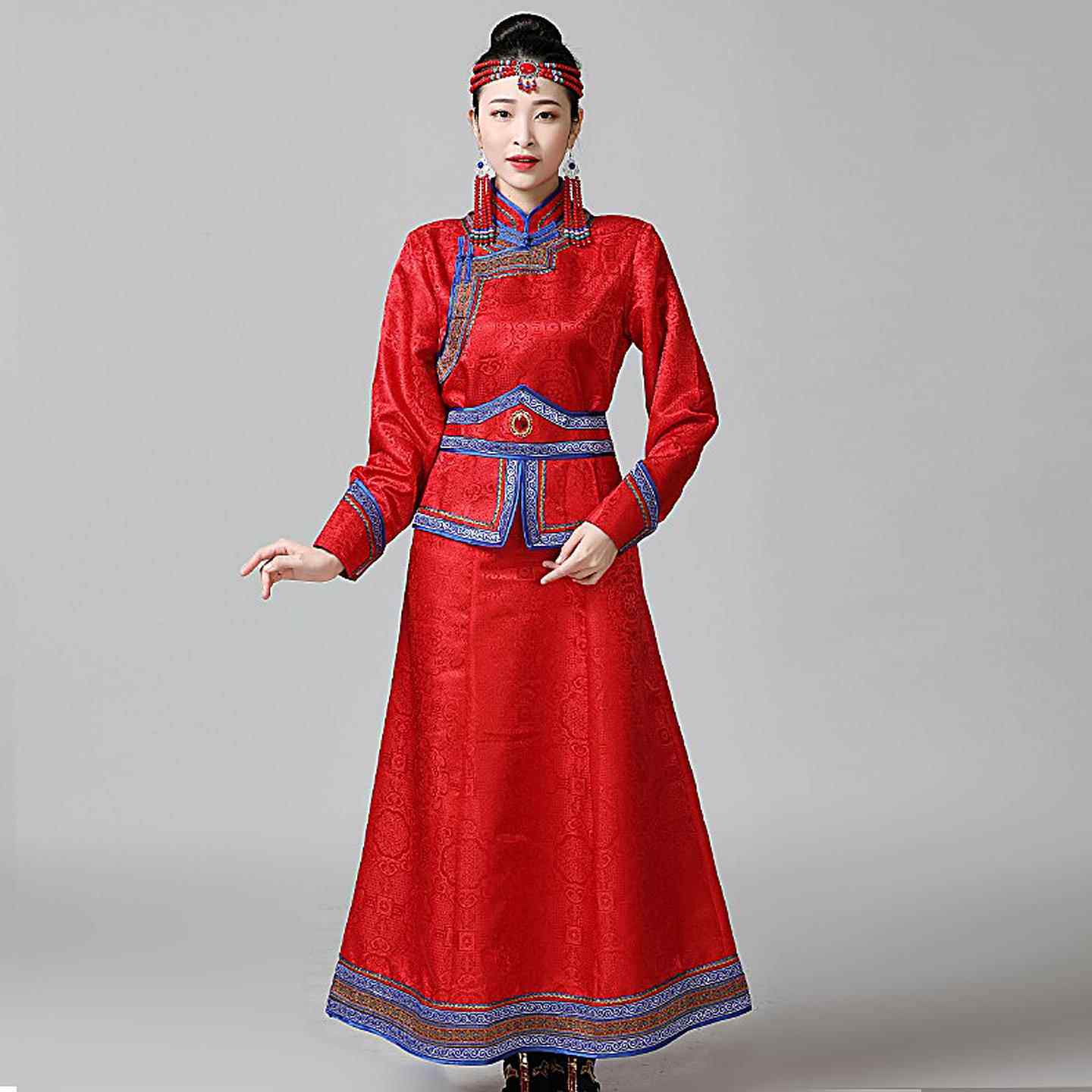 高档蒙古袍生活装长版常服成日人蒙古装白色礼服服演女出表演舞蹈