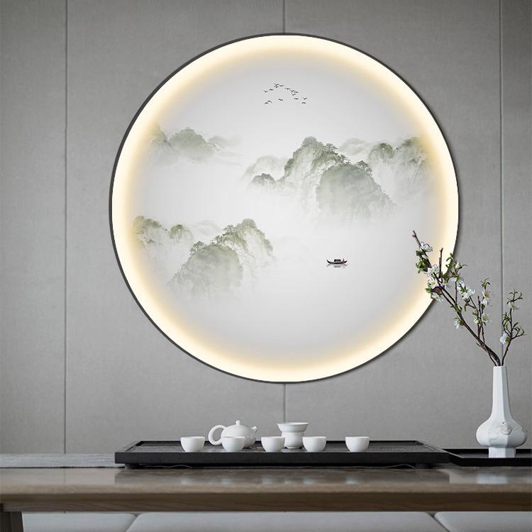 N6RS圆形中式玄关装饰画led发光酒店风景挂画软装入户茶室书