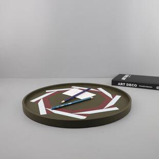 现代简约圆形木质皮革托盘摆件客厅卧室电视柜茶几样板房家居饰品