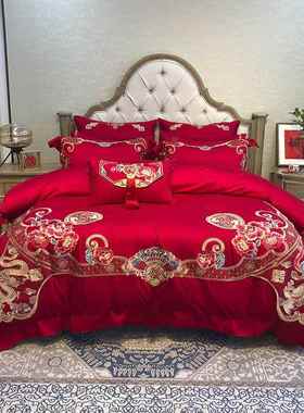九喜狐婚庆家纺花卉刺绣结婚床上用品备婚四件套婚房装饰红色喜被