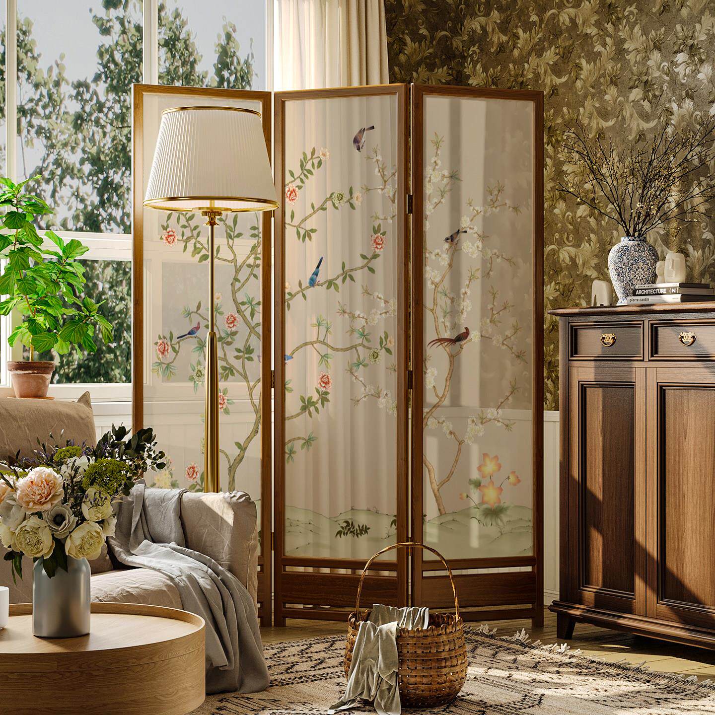 美式乡村实木屏风隔断客厅餐厅酒店欧式遮挡装饰玄关花鸟折叠折屏