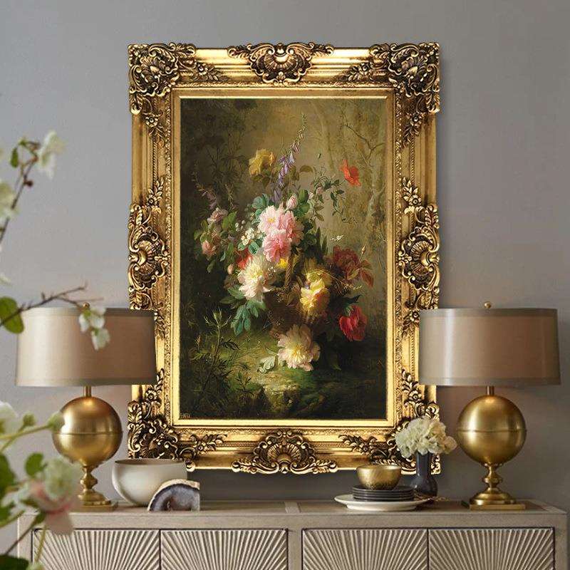 欧式花卉牡丹油画复古静物玄关挂画客厅餐厅装饰画世界名画竖版
