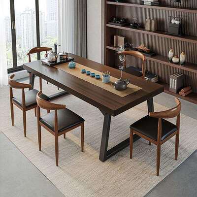 实BZS喝木色茶一桌椅组合桌五椅茶新中式商谈办公大板泡茶桌桌茶