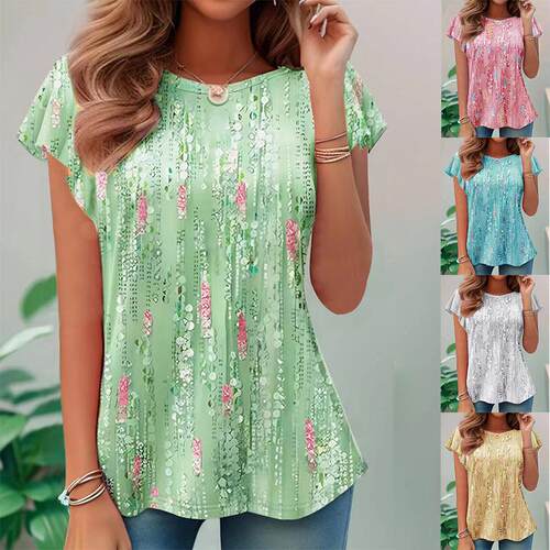 Over Print Floral Fitted Sleeve Tee Casual Round Neck shirt