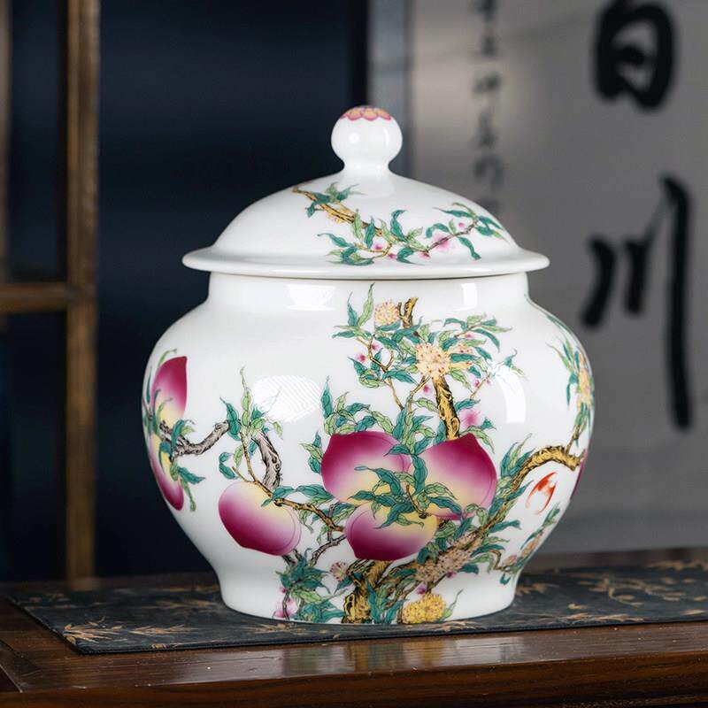 景德镇陶瓷器彷古粉彩九桃将军罐家用密封茶饼茶叶罐子带盖子储物