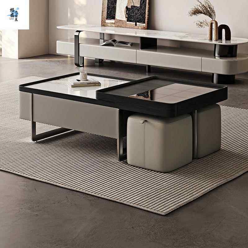 中古风意式极简科技石长方形茶几E0级人造板高档轻奢设计整装收纳