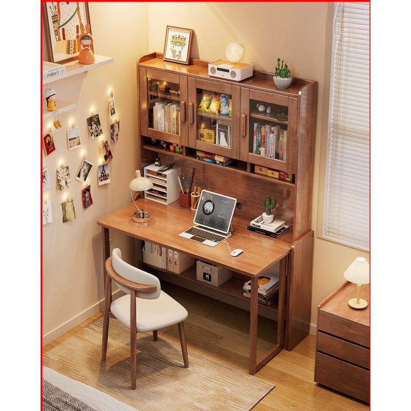 小户型儿童学习桌电脑桌子简易工作台实木折叠书桌书架一体桌