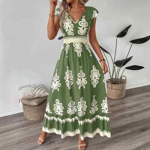 Ethnic Pattern V Neck Dress Boho Cap Sleeve Long Dress for