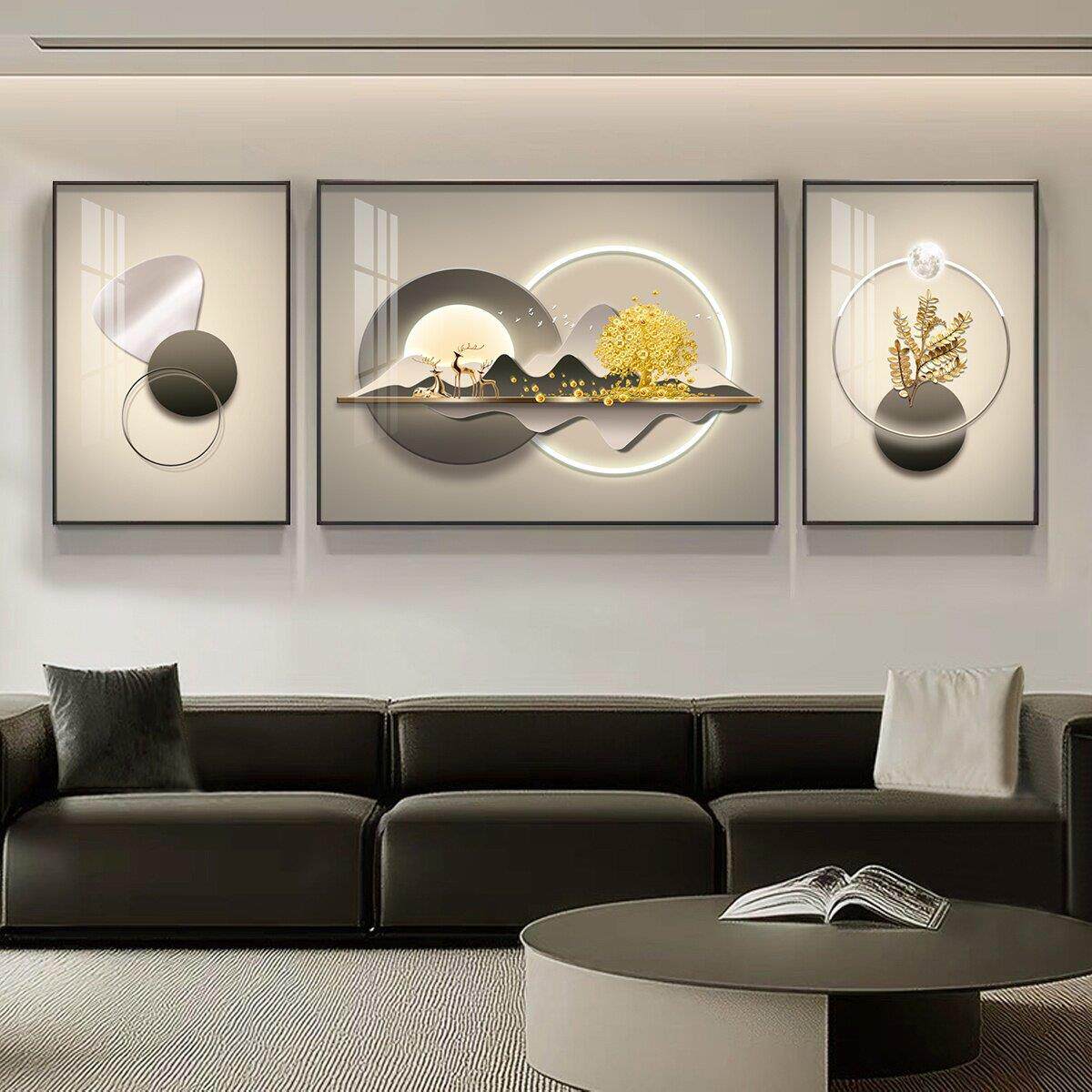 轻奢富富高端金钱树客厅沙发背景墙装饰画三联壁画素雅